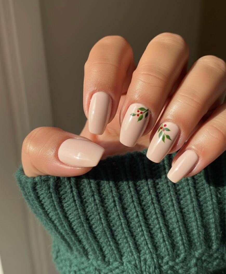 Pale Nude Holly Berry Sprig Nails — Short Christmas Square Nails 2026