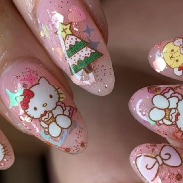 Glittery Hello Kitty Sticker Nails — Hello Kitty Christmas Nails 2026