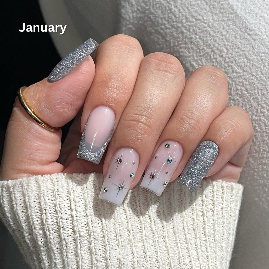 Pink Silver Glitter French With Rhinestones Pink Silver Glitter French With Rhinestones — Short Christmas Coffin Nails 2026