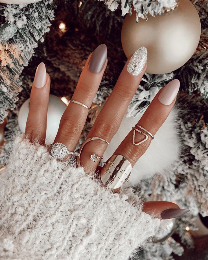 Matte Taupe Silver Glitter Almond Nails Matte Taupe Silver Glitter Almond Nails — Holiday Party Nails 2026