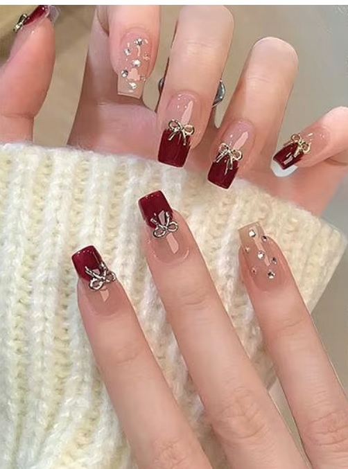 Burgundy and Nude with Gold 3D Bows Burgundy and Nude with Gold 3D Bows — Winter Bow Nails