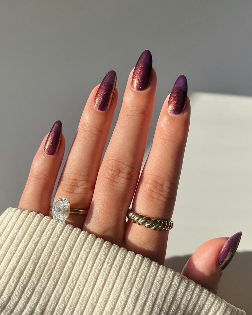 Deep Plum Metallic Gold Foil Stilettos — Holiday Nail Colors 2026