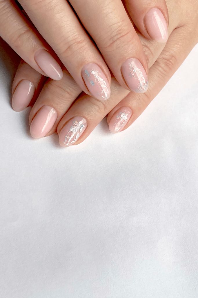Pale Pink With Silver Foil Accents Pale Pink With Silver Foil Accents — Clean Girl Winter Nails