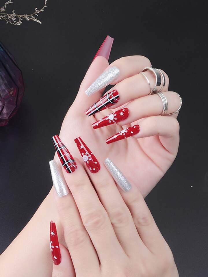 Red and Silver Glitter Coffin Nails with Snowflakes Red and Silver Glitter Coffin Nails with Snowflakes — Snowflake Nails