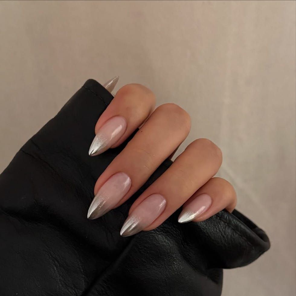 Nude Base with Metallic Silver French Tips — New Years Dip Powder Nails 2027