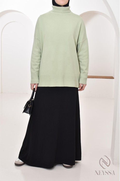 Light Green Turtleneck with Flowing Black Maxi Skirt Light Green Turtleneck with Flowing Black Maxi Skirt — Modest Winter Outfits