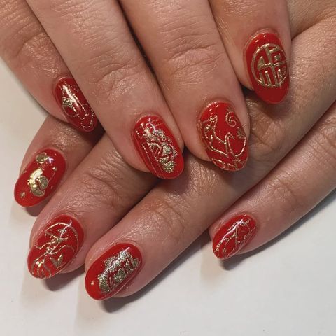 Red and Gold Foil Lunar New Year Ovals Red and Gold Foil Lunar New Year Ovals — New Years Gel Nails 2027
