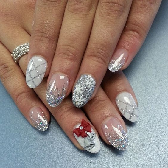 3D Bow Silver Glitter Oval Nails 3D Bow Silver Glitter Oval Nails — Christmas Nails for Teens 2026