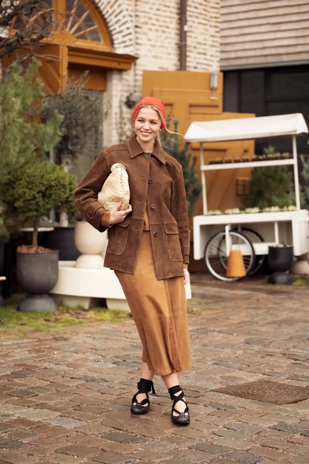 Earthy Tones: Suede Jacket Over Midi Dress with Orange Beanie — Fall to Winter Outfits