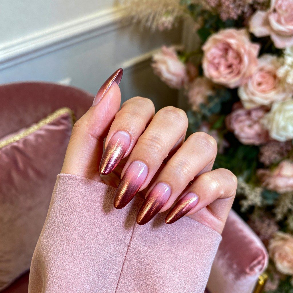 Chrome Shimmer Rose Gold Gradient Stiletto Nails Chrome Shimmer Rose Gold Gradient Stiletto Nails — NYE Nails 2027
