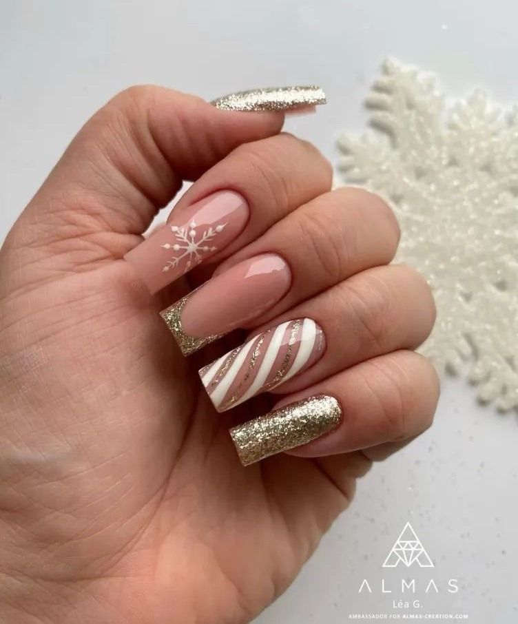 Glossy And Glitter Nude French with Gold Glitter and Snowflakes Glossy And Glitter Nude French with Gold Glitter and Snowflakes — Winter Nails for School