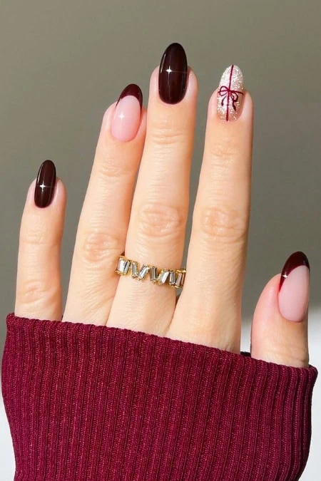 Sheer Pink French with Burgundy Bow Sheer Pink French with Burgundy Bow — Burgundy Christmas Nails 2026