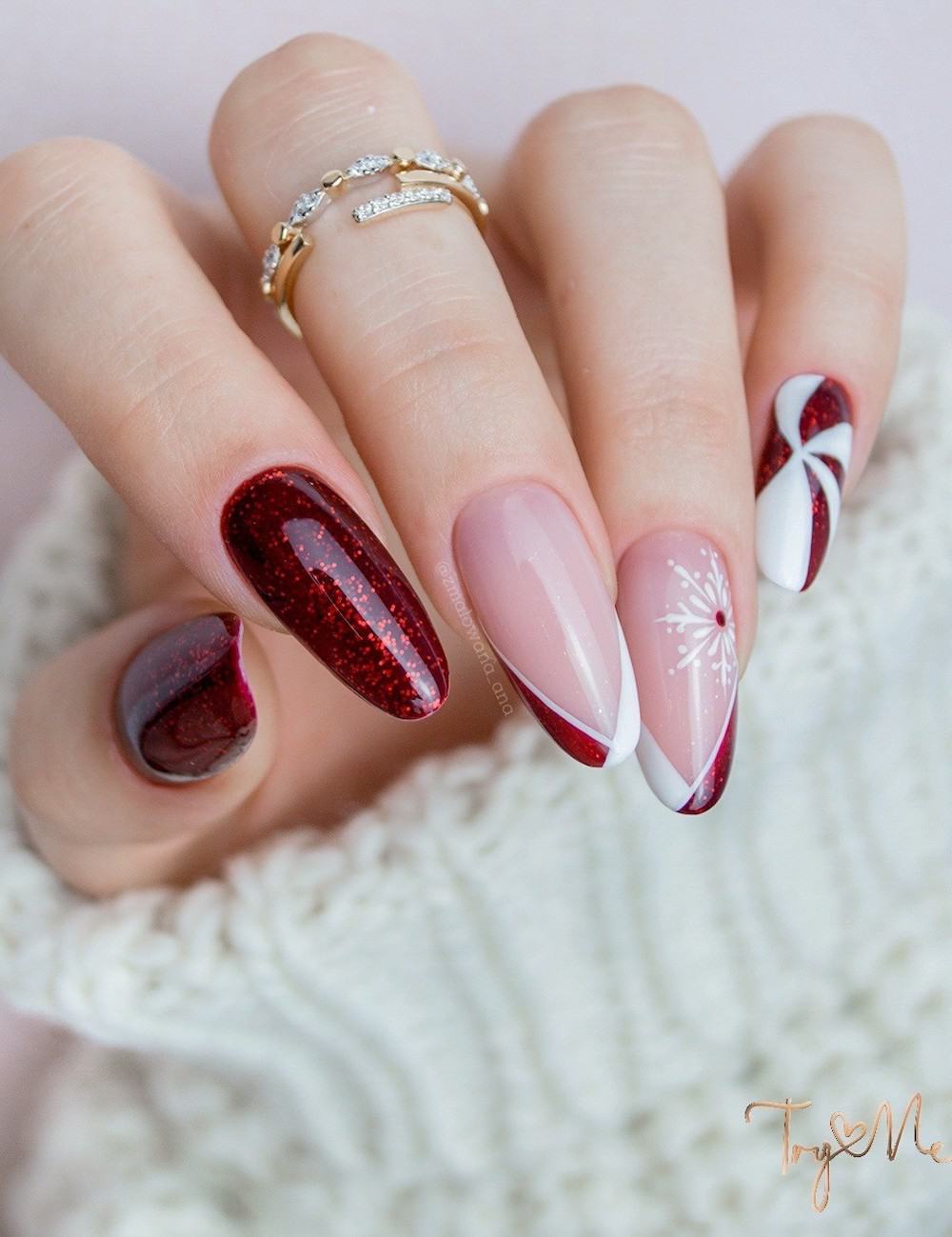 Burgundy Glitter French Candy Cane Nails Burgundy Glitter French Candy Cane Nails — Wine Christmas Nails 2026