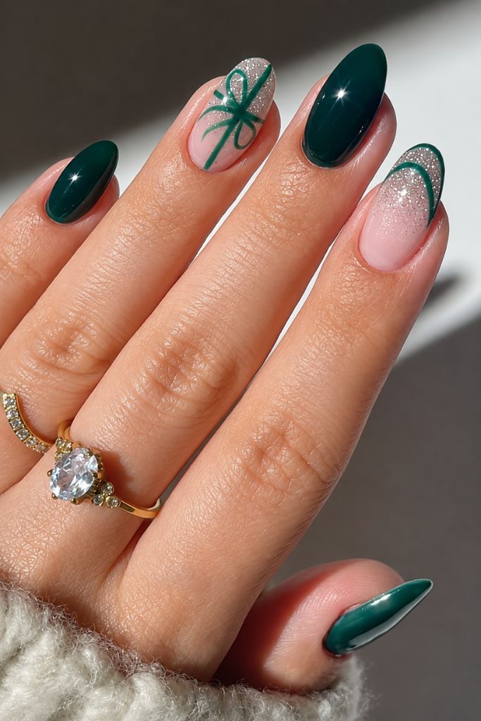 Deep Green and Pink Bow Glitter Nails — Green Christmas Nails 2026