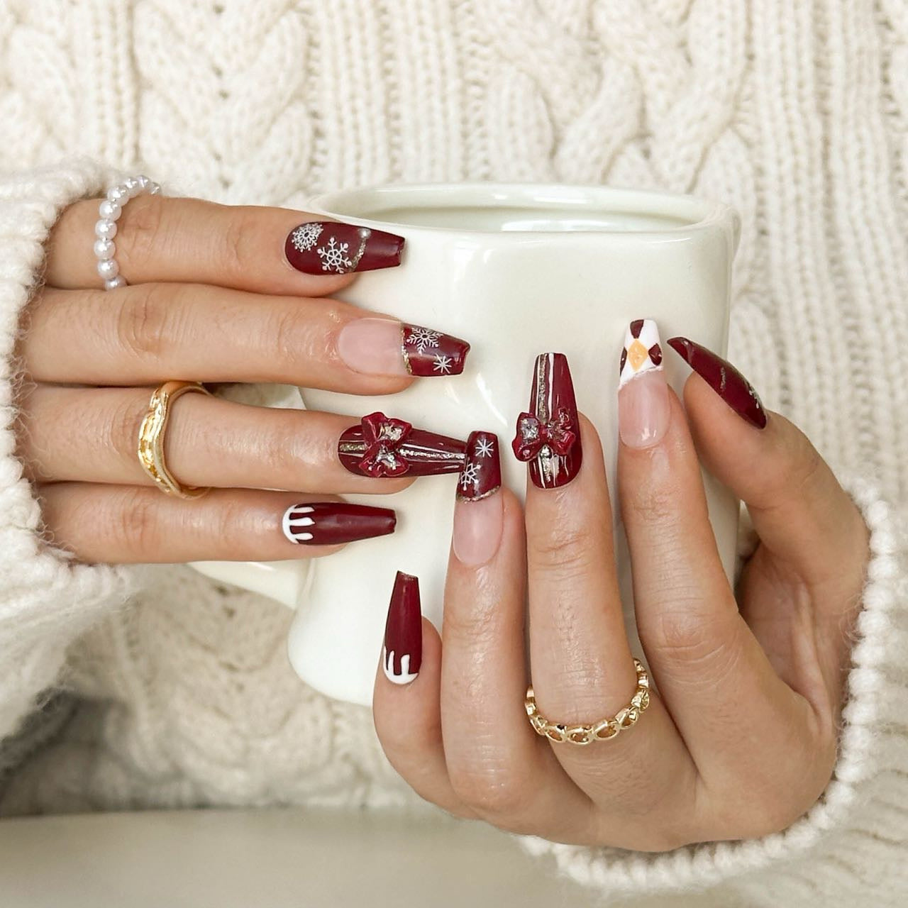 Burgundy Coffin Nails with 3D Bows and Snowflakes Burgundy Coffin Nails with 3D Bows and Snowflakes — Burgundy Christmas Nails 2026