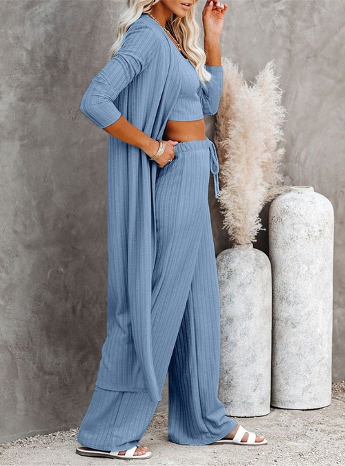 Light Blue Ribbed Knit Three-Piece Set Light Blue Ribbed Knit Three-Piece Set — Loungewear Outfits