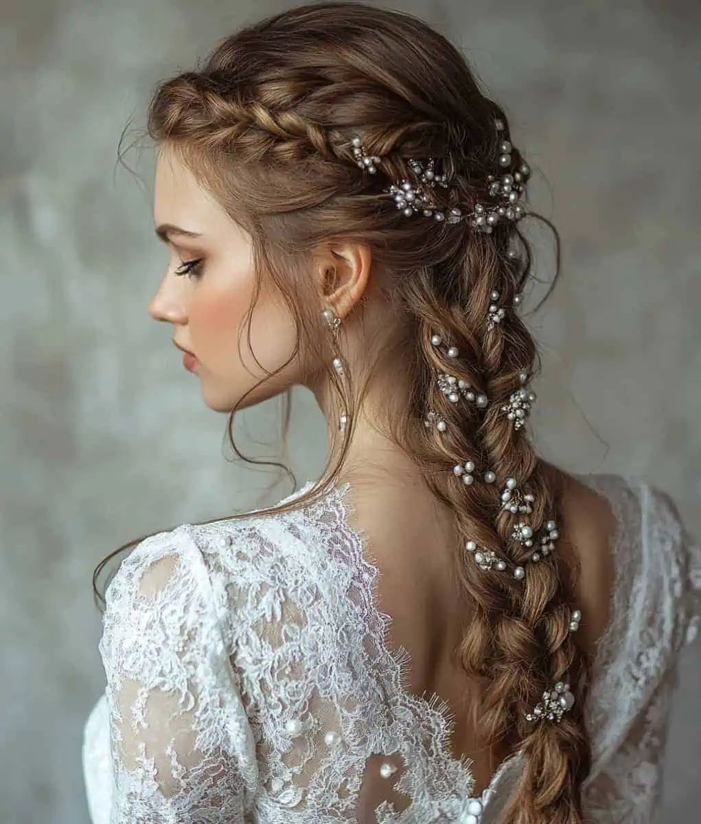 Romantic Cascading Braid with Pearls — Winter Wedding Hairstyles