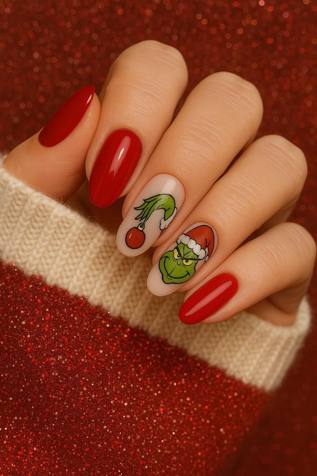 Glossy Red And Nude Grinch Art Nails Glossy Red And Nude Grinch Art Nails — Grinch Nails 2026