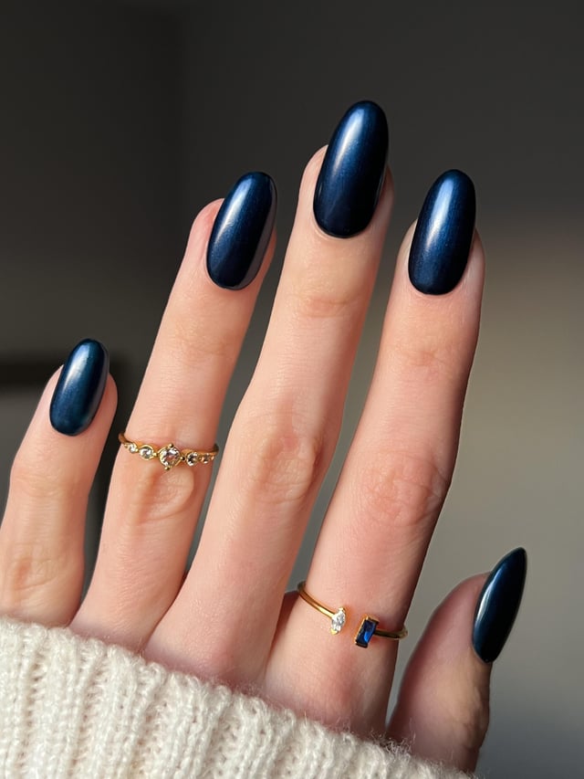 Long Almond Metallic Navy Shimmer Long Almond Metallic Navy Shimmer — Winter Nail Colors for Dark Skin