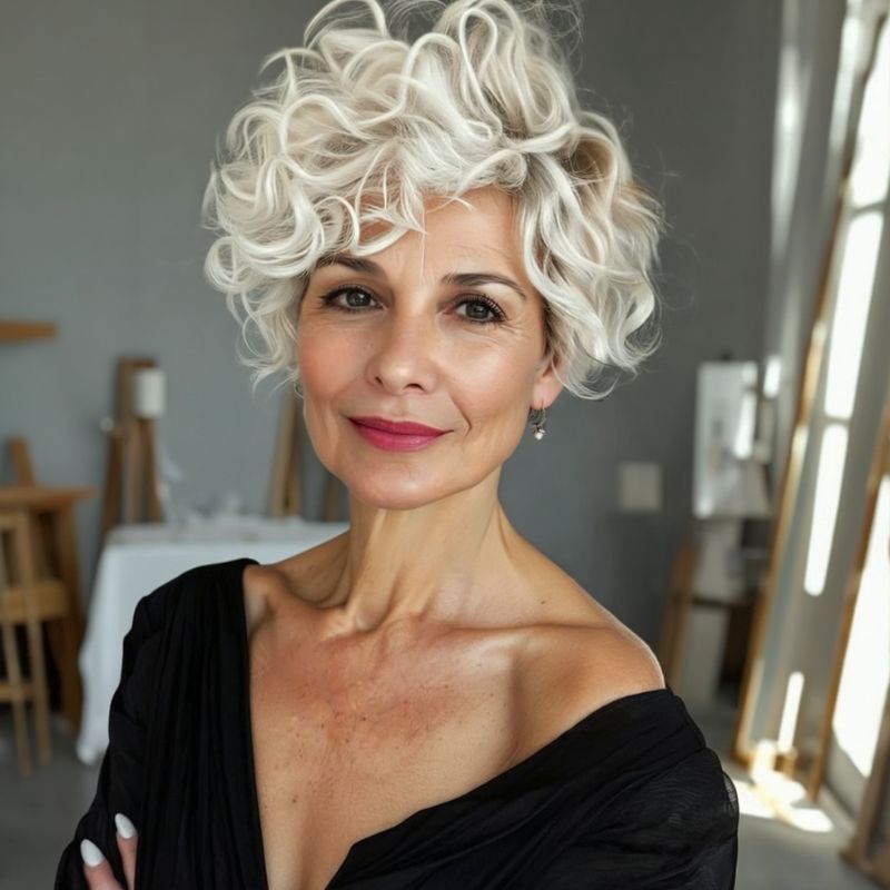 Platinum Blonde Curly Chin-Length Cut Platinum Blonde Curly Chin-Length Cut — Winter Haircuts for Women Over 50