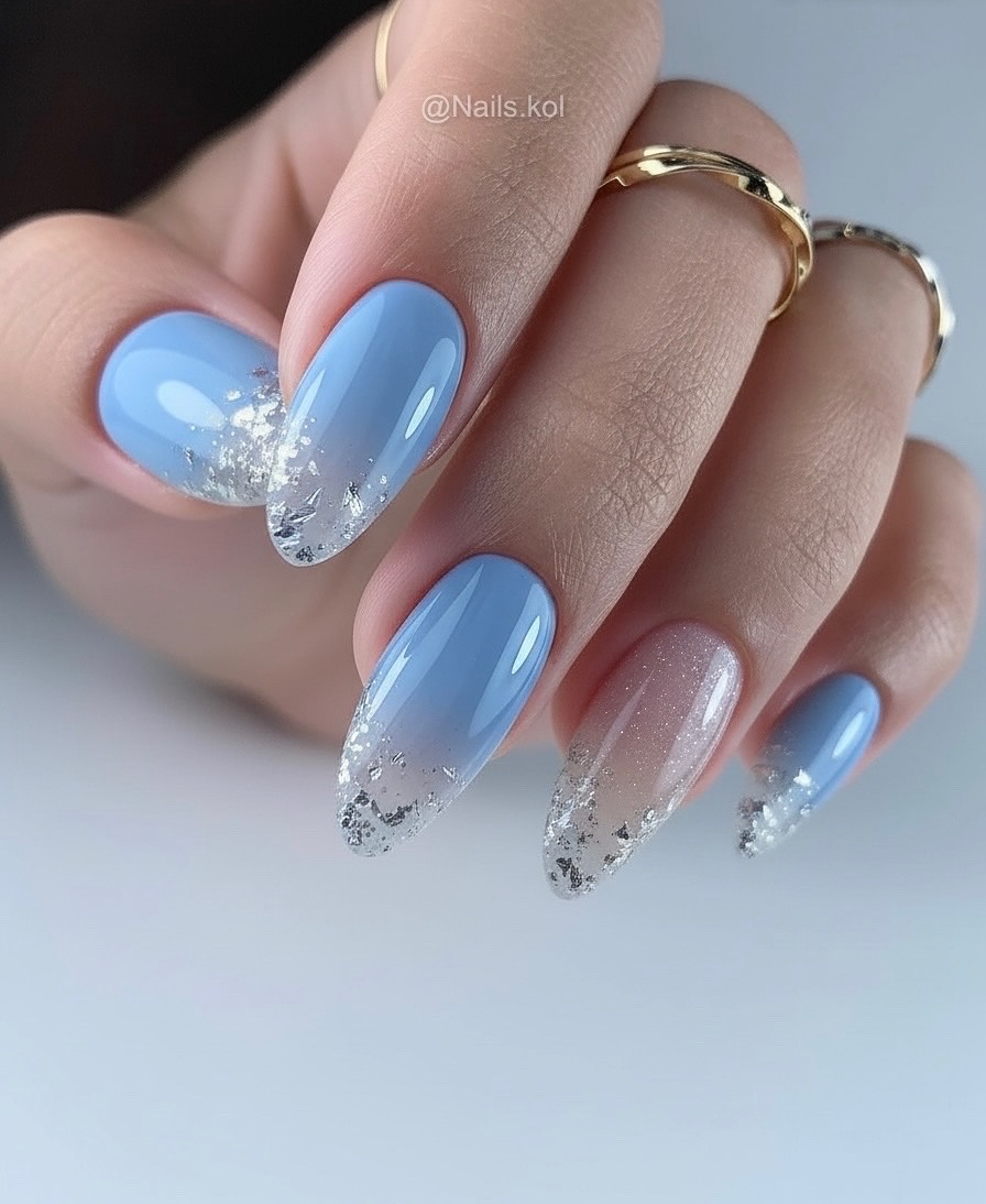 Icy Blue Pink Gradient Foil Flake Nails Icy Blue Pink Gradient Foil Flake Nails — Icy Blue Nails