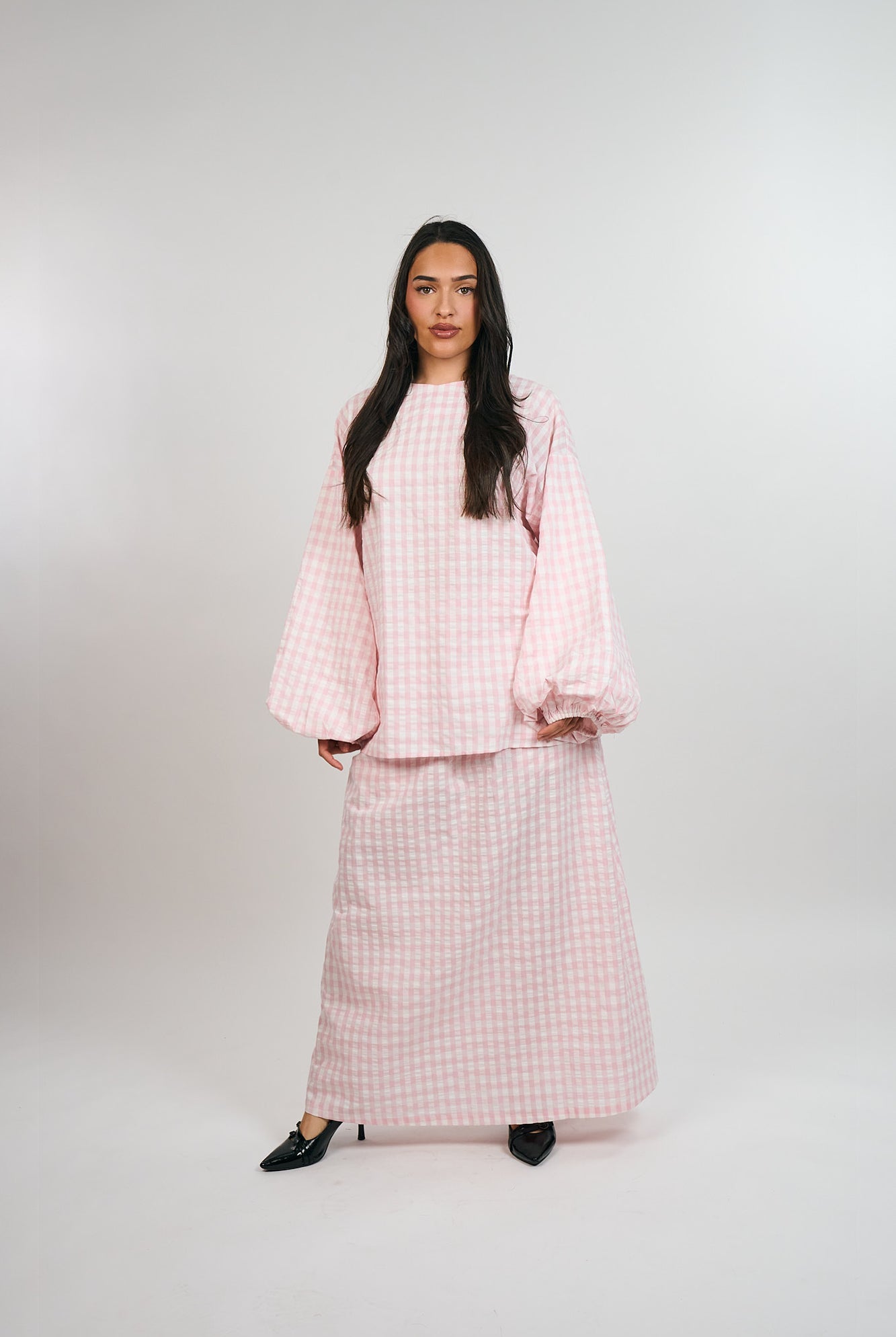 Pink Gingham Set with Balloon Sleeves and A-Line Skirt Pink Gingham Set with Balloon Sleeves and A-Line Skirt — Modest Winter Outfits