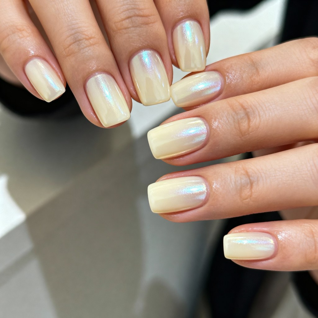 Iridescent Shimmer Short Square Nails Iridescent Shimmer Short Square Nails — Cozy Winter Nails