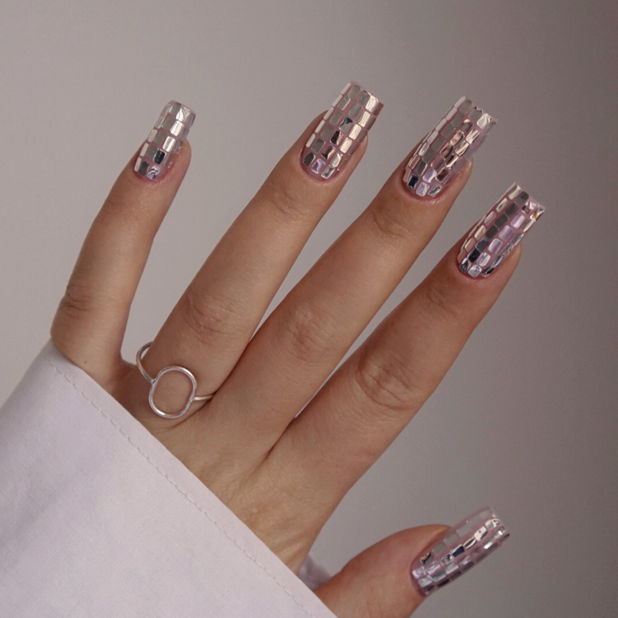 Mirror Finish on Long Square Nails Mirror Finish on Long Square Nails — Silver Chrome Nails