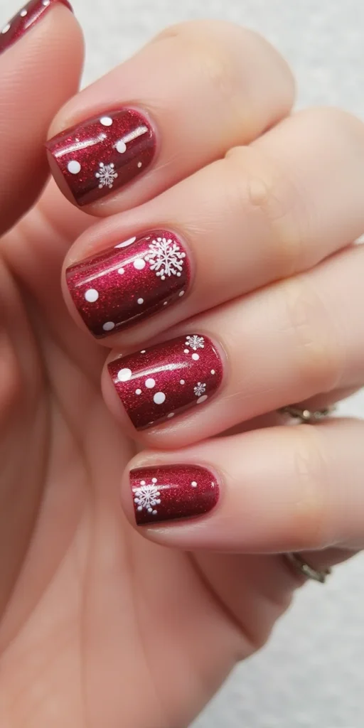 Shimmering Red Polka Dot Snowflakes Shimmering Red Polka Dot Snowflakes — Wine Christmas Nails 2026