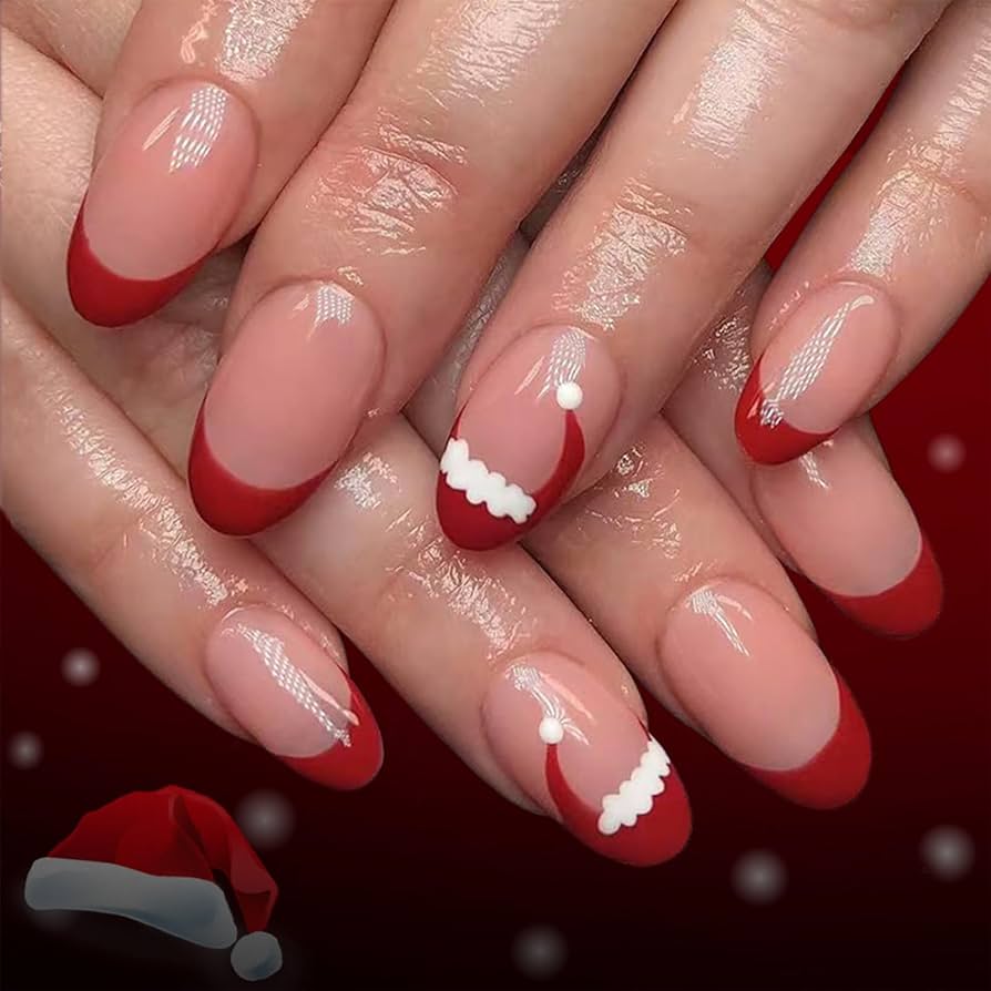 Festive Red and Santa Hat Nails Festive Red and Santa Hat Nails — Short Winter Acrylic Nails