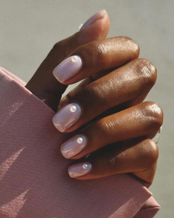 Pearl Embellished Iridescent Pink Squares — Simple New Years Nails 2027