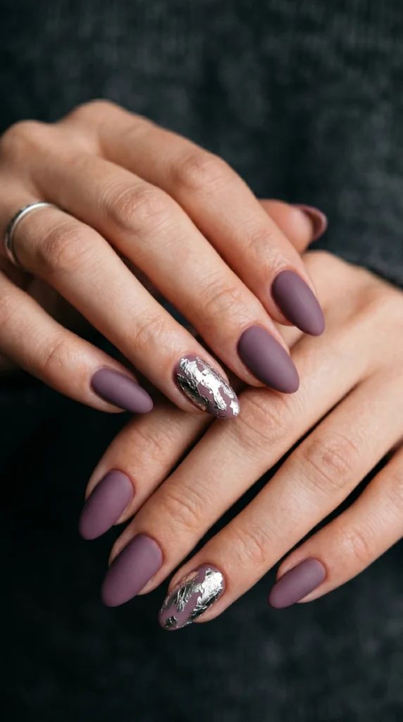 Dusty Rose Matte & Silver Foil Almond Nails Dusty Rose Matte & Silver Foil Almond Nails — Winter Date Night Nails