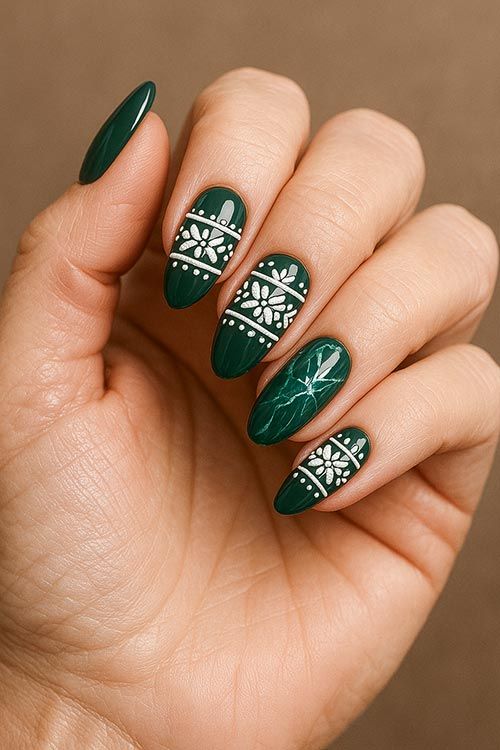 Deep Green Fair Isle Oval Nails Deep Green Fair Isle Oval Nails — Medium Christmas Nails 2026