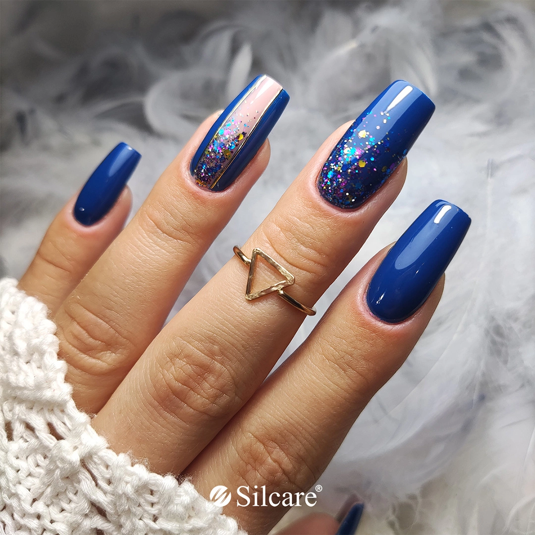 Blue & Pink Glitter Accent Long Coffins Blue & Pink Glitter Accent Long Coffins — Navy Blue Nails