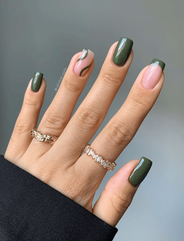 Olive Green Swirl Accent Nails Olive Green Swirl Accent Nails — Winter Work Nails