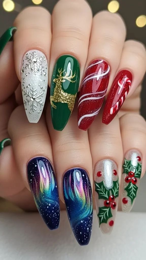 Festive Motif Mix on Stilettos Festive Motif Mix on Stilettos — Long Christmas Nails 2026