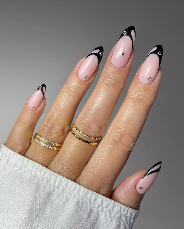 Long Almond Black French Tip Rhinestone Nails Long Almond Black French Tip Rhinestone Nails — New Years Eve Nails 2027