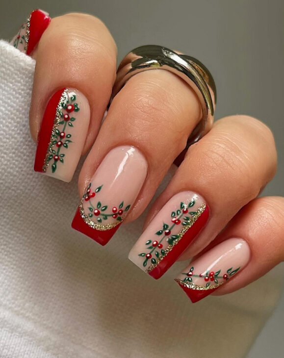 Glossy Sheer Pink Red Holly Berry Glitter French Nails Glossy Sheer Pink Red Holly Berry Glitter French Nails — Christmas Square Nails 2026