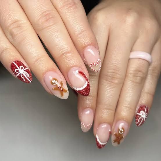 Gingerbread Man Glitter French Almonds Gingerbread Man Glitter French Almonds — Short Christmas Almond Nails 2026