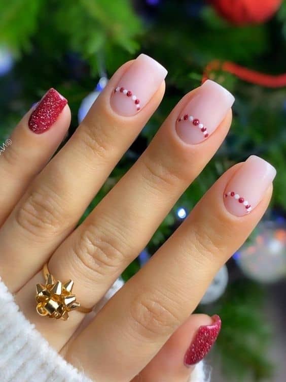 Sheer Pink Glitter Red Dot Line Sheer Pink Glitter Red Dot Line — Easy Christmas Nails 2026