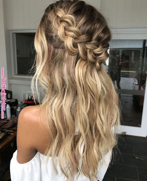 Blonde Balayage Half Updo With Crown Braids Blonde Balayage Half Updo With Crown Braids — Winter Date Night Hairstyles