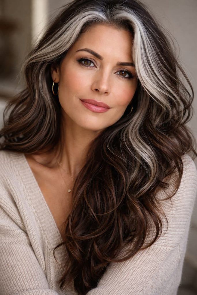 Shoulder Shag With Wispy Bangs and Silver Highlights Shoulder Shag With Wispy Bangs and Silver Highlights — Gray Blending Highlights