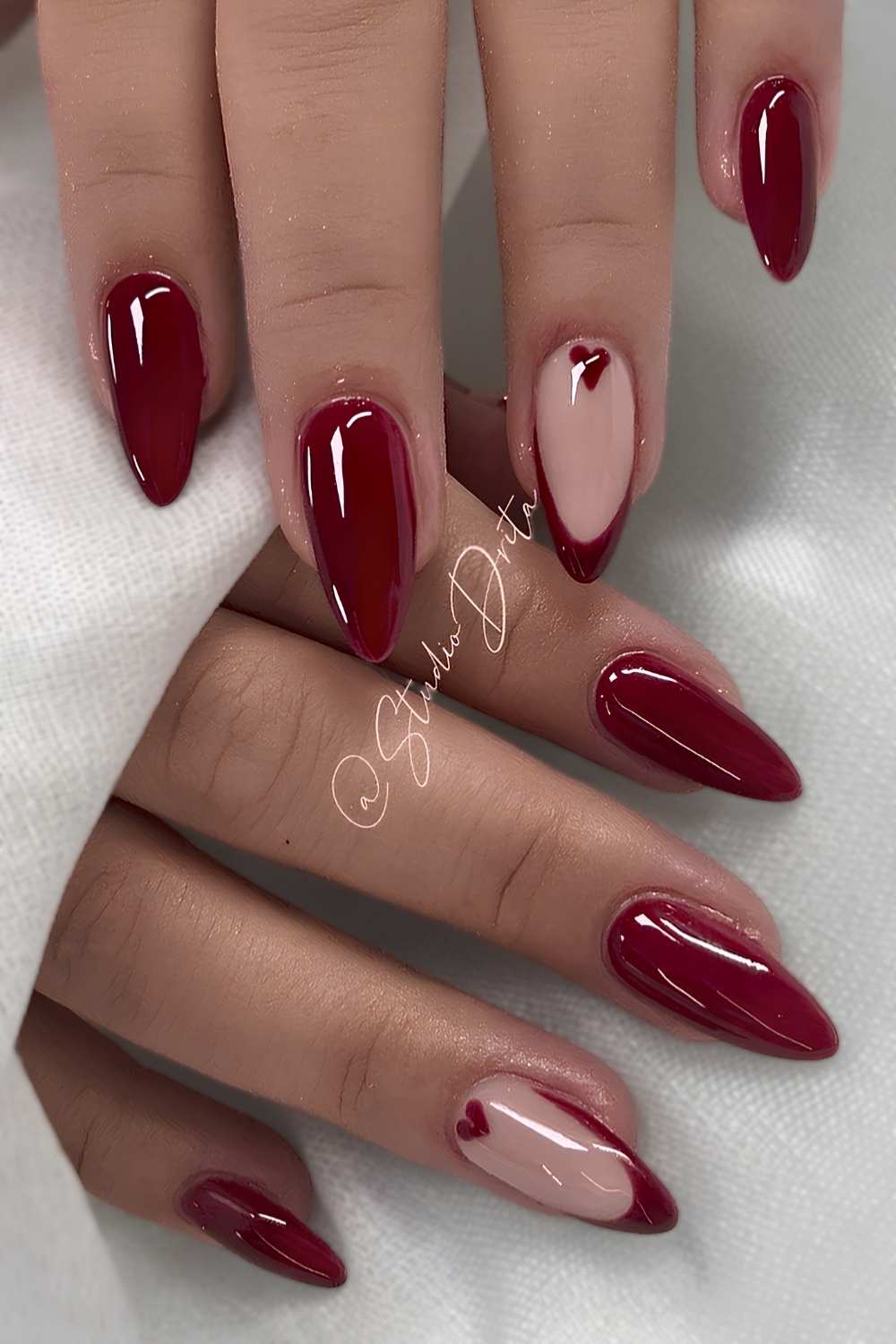 Deep Red French Tip Heart Accent Medium Stiletto Nails Deep Red French Tip Heart Accent Medium Stiletto Nails — Black Cherry Nails