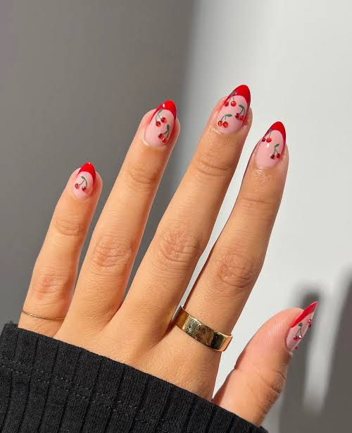 Sheer Pink Cherry Red French Tips Sheer Pink Cherry Red French Tips — Cherry Red Christmas Nails 2026