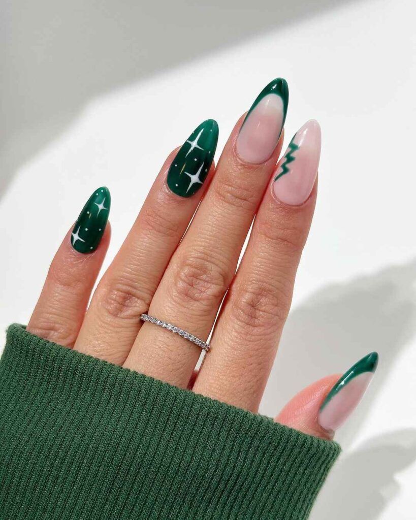 Long Almond Green with White Starbursts — Green Christmas Nails 2026