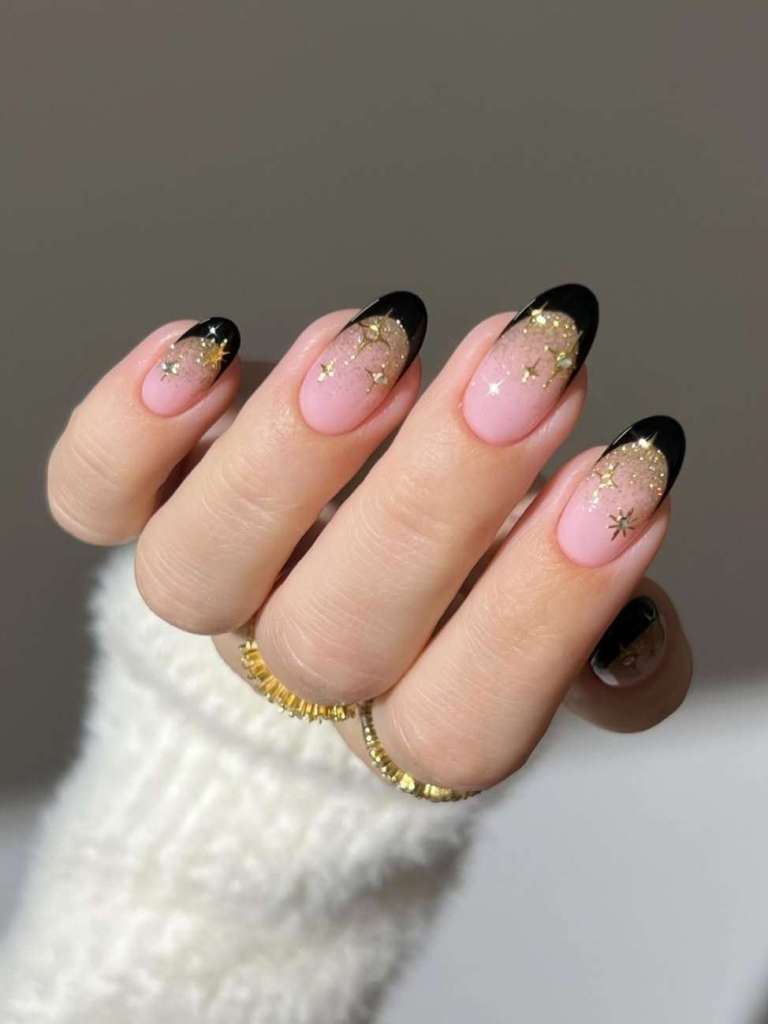 Ombre Pink to Nude With Black Glitter Stars Ombre Pink to Nude With Black Glitter Stars — New Years French Tip Nails 2027