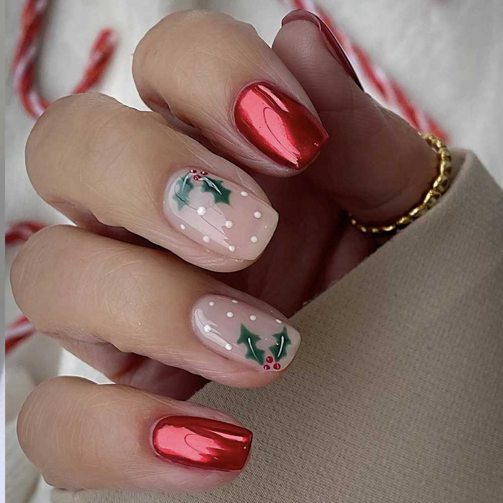 Metallic Red with Holly Accents Square Nails Metallic Red with Holly Accents Square Nails — Simple Short Winter Nails