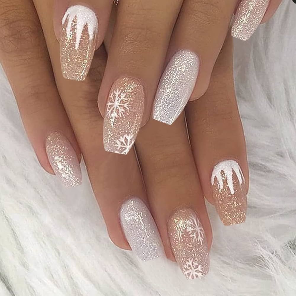 Champagne Glitter Snowflake Drip Coffin Nails Champagne Glitter Snowflake Drip Coffin Nails — Medium Christmas Nails 2026