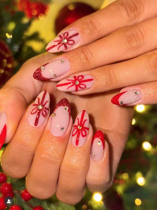 Glamorous Red Bow Rhinestone Stilettos Glamorous Red Bow Rhinestone Stilettos — Christmas Nails for Teens 2026