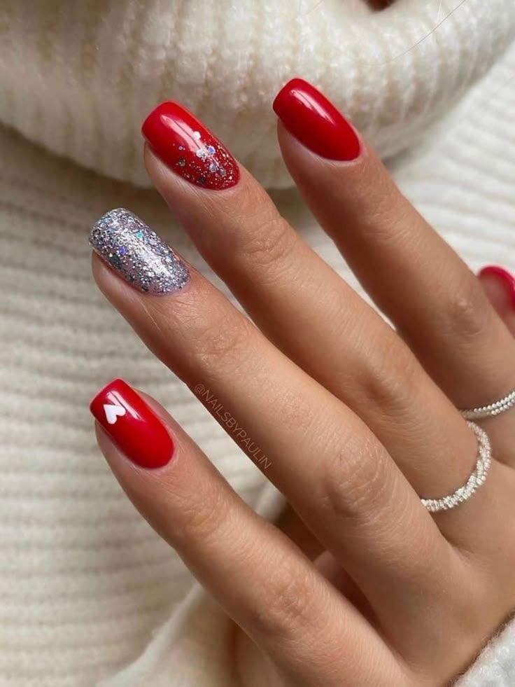 Bright Red Short Oval with Glitter Heart Bright Red Short Oval with Glitter Heart — Red Christmas Nails 2026